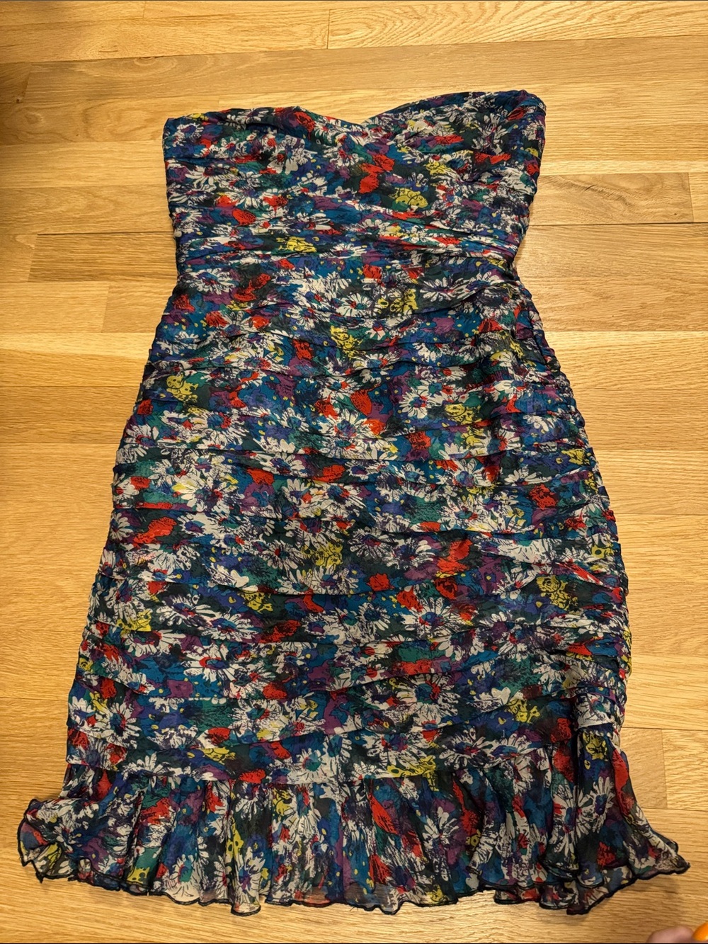 Jill Stuart Navy Floral Strapless Ruffle-Hem Dress